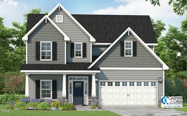 craftsman inspired home featuring a shingled roof, concrete driveway, and an attached garage