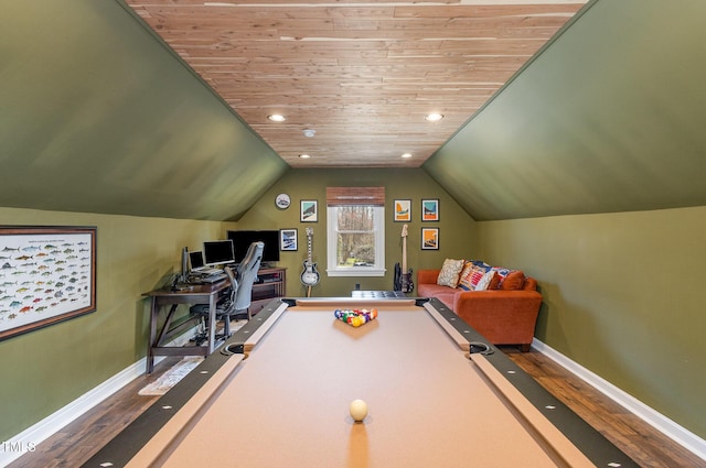 recreation room with lofted ceiling, wood ceiling, baseboards, and wood finished floors