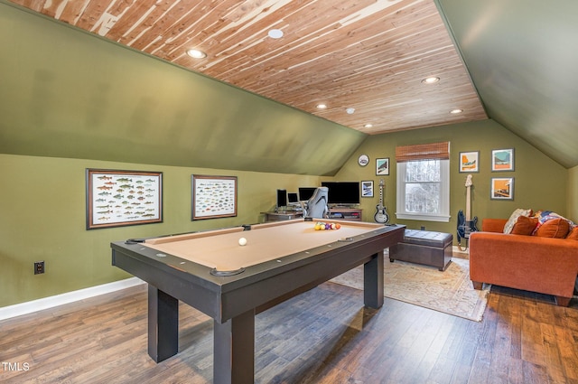 recreation room with lofted ceiling, wooden ceiling, hardwood / wood-style flooring, billiards, and baseboards