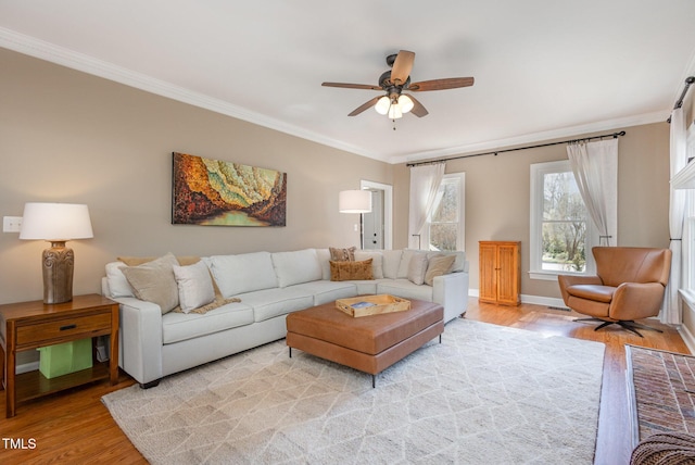 living room featuring ceiling fan, light wood-style floors, baseboards, and crown molding