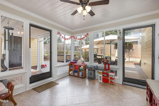 sunroom featuring a ceiling fan and wooden ceiling