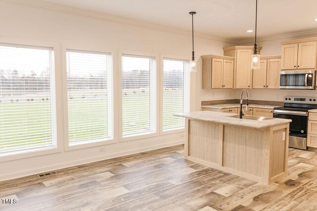 kitchen featuring stainless steel appliances, a sink, light countertops, ornamental molding, and light brown cabinetry