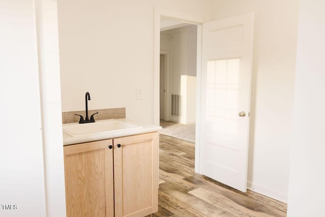 bathroom with wood finished floors and vanity