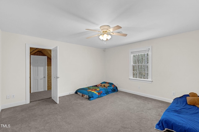 bedroom featuring carpet, ceiling fan, and baseboards