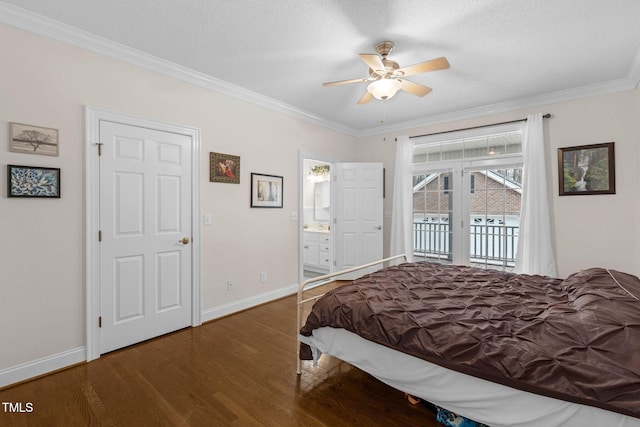 bedroom with ensuite bathroom, wood finished floors, baseboards, access to exterior, and crown molding