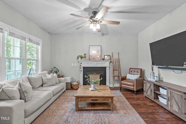 533 E Maple Ave, Holly Springs, NC 27540 - living area featuring dark wood-type flooring, ceiling fan, and a fireplace