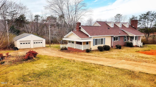 view of property exterior with an outdoor structure, a yard, a garage, and a chimney