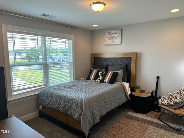 bedroom with recessed lighting, carpet flooring, visible vents, and baseboards