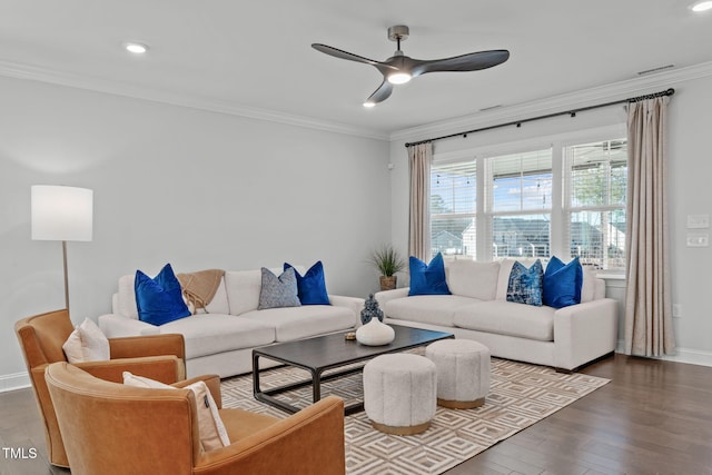 living area featuring recessed lighting, ornamental molding, ceiling fan, wood finished floors, and baseboards