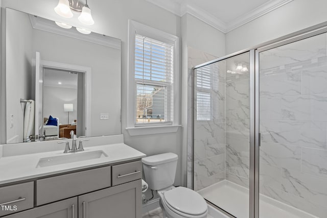 full bathroom featuring a marble finish shower, toilet, ensuite bathroom, ornamental molding, and vanity