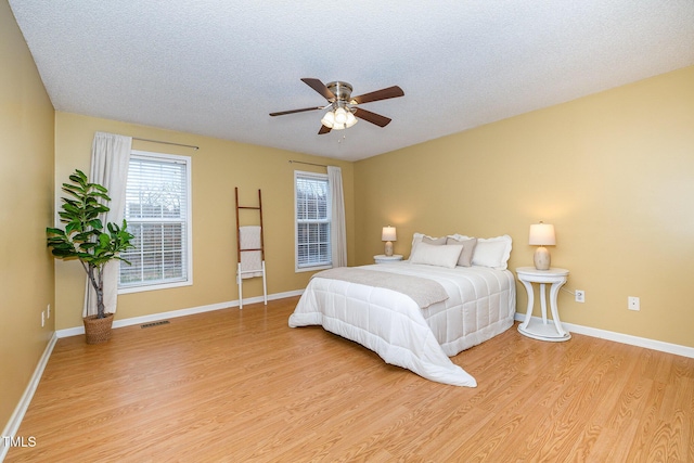 bedroom featuring visible vents, light wood-style flooring, baseboards, and a textured ceiling