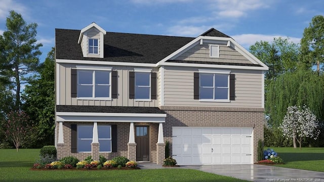 craftsman-style house with driveway, an attached garage, a front lawn, board and batten siding, and brick siding