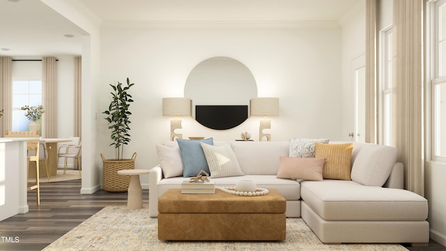 living area featuring baseboards, ornamental molding, and dark wood-style flooring