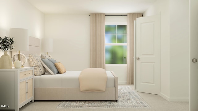 bedroom featuring light carpet and baseboards