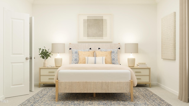 bedroom featuring light colored carpet and baseboards