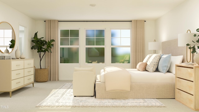 bedroom with light colored carpet