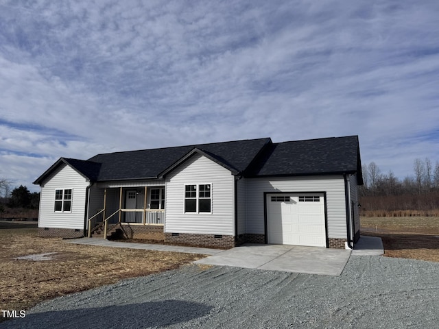 single story home featuring a porch, a shingled roof, crawl space, a garage, and driveway