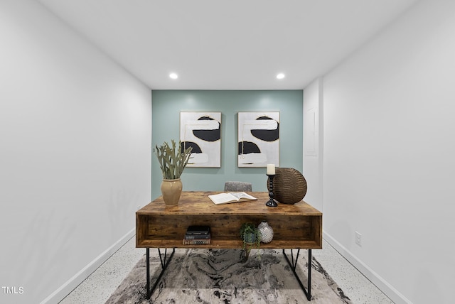 office with recessed lighting and baseboards