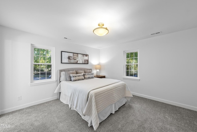 bedroom with carpet flooring, visible vents, and baseboards