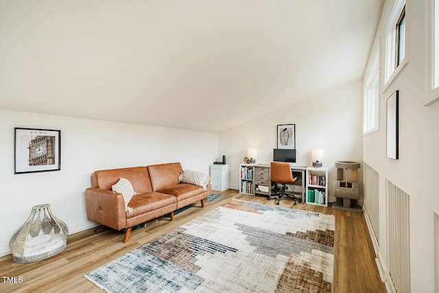 office area featuring vaulted ceiling and wood finished floors