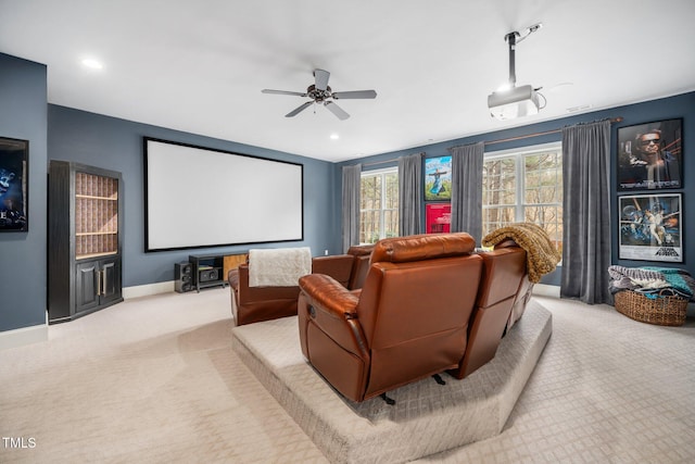 cinema with recessed lighting, ceiling fan, baseboards, and carpet floors