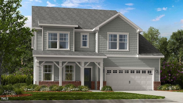 view of front of property with concrete driveway, brick siding, roof with shingles, and an attached garage