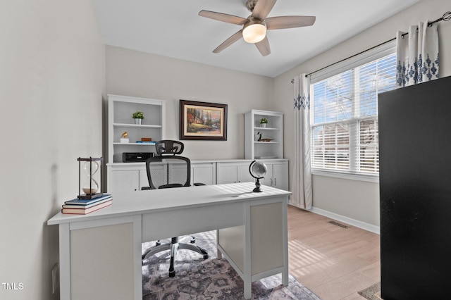 home office with a ceiling fan, visible vents, light wood finished floors, and baseboards