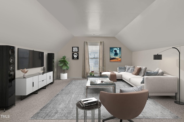 carpeted living room with lofted ceiling, baseboards, and visible vents