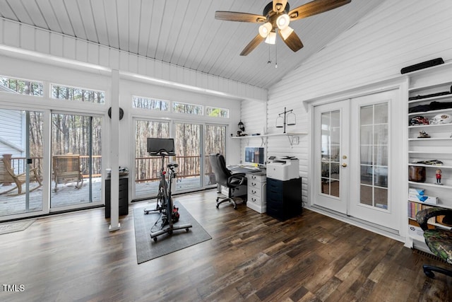 office area featuring ceiling fan, high vaulted ceiling, french doors, and wood finished floors