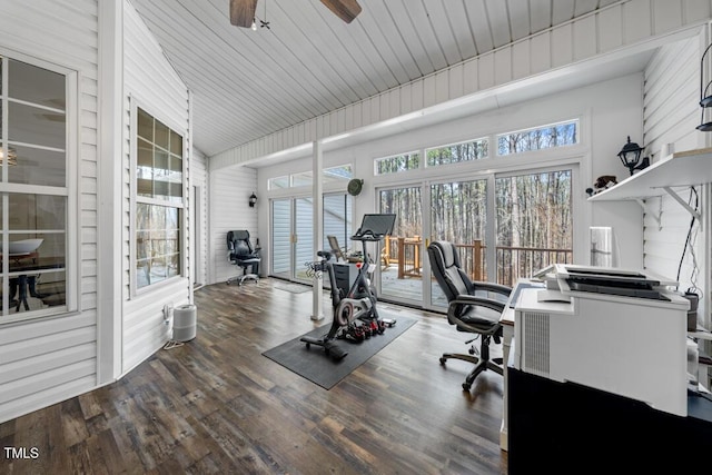 home office featuring ceiling fan and wood finished floors