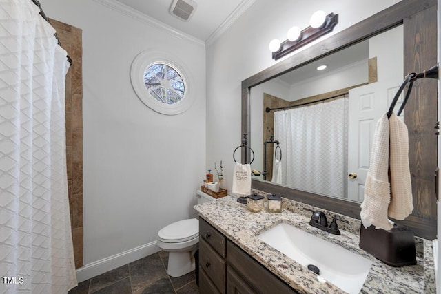 bathroom featuring curtained shower, visible vents, toilet, ornamental molding, and vanity