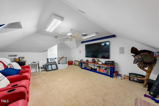 living room with visible vents, vaulted ceiling, and carpet flooring