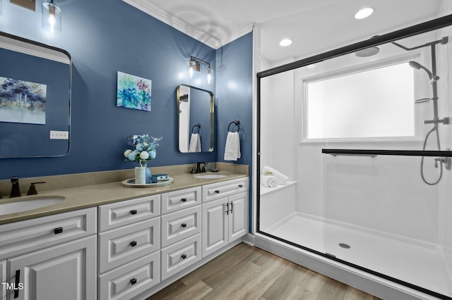 full bath featuring wood finished floors, a stall shower, and a sink