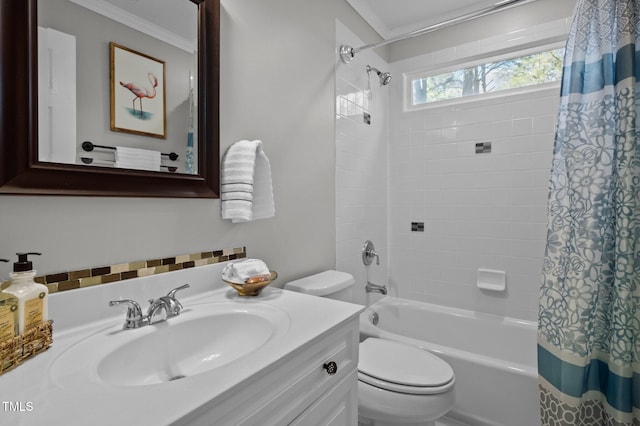 bathroom featuring vanity, toilet, shower / bath combo, and ornamental molding