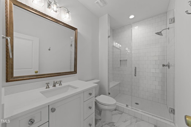 full bathroom featuring toilet, vanity, visible vents, marble finish floor, and a stall shower