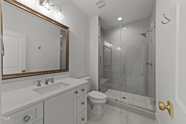 bathroom featuring visible vents, toilet, vanity, a shower stall, and tile patterned floors