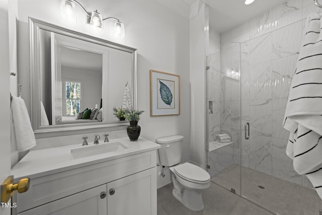 full bathroom with vanity, a marble finish shower, and toilet