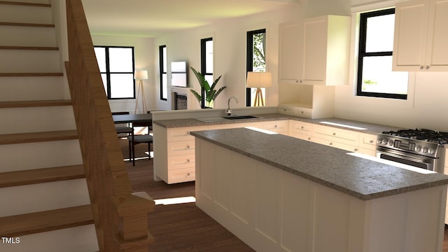 kitchen with open shelves, white cabinets, dark wood-style flooring, and a sink