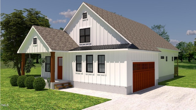 modern farmhouse style home featuring board and batten siding, a front yard, a standing seam roof, and a garage