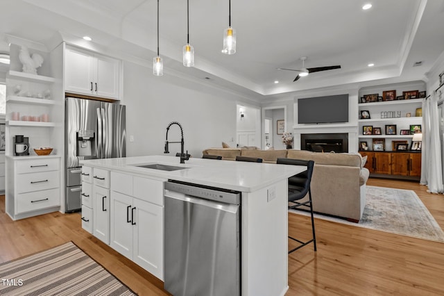 112 Rawhide Dr, Louisburg, NC 27549 - kitchen featuring a sink, stainless steel appliances, a tray ceiling, and ceiling fan