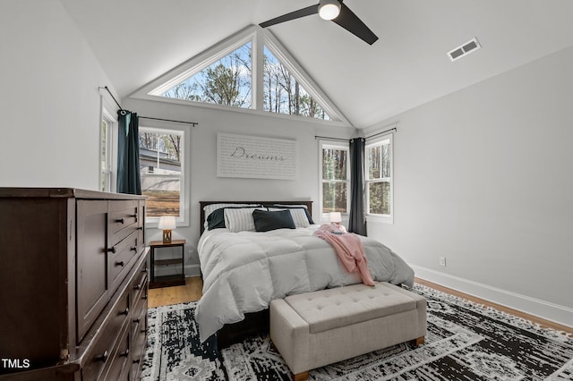 112 Rawhide Dr, Louisburg, NC 27549 - bedroom featuring high vaulted ceiling, visible vents, baseboards, a ceiling fan, and light wood-type flooring