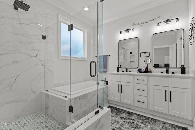 112 Rawhide Dr, Louisburg, NC 27549 - full bathroom featuring marble finish floor, double vanity, a sink, and a marble finish shower