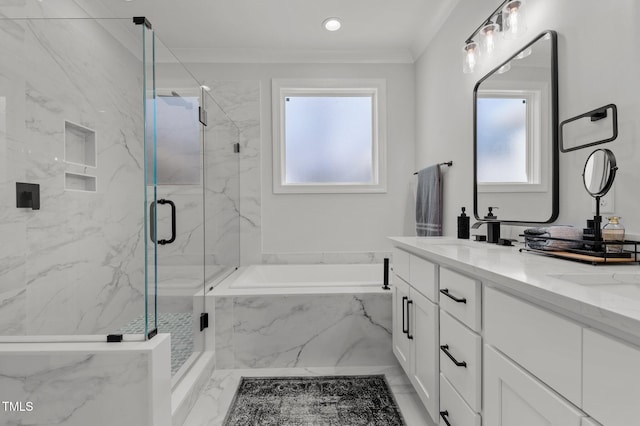 112 Rawhide Dr, Louisburg, NC 27549 - full bath with a sink, a marble finish shower, a garden tub, and crown molding