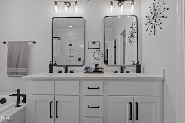 112 Rawhide Dr, Louisburg, NC 27549 - full bathroom featuring double vanity, a sink, a marble finish shower, and crown molding