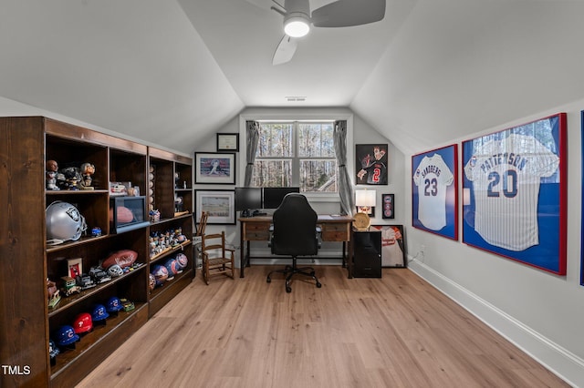 112 Rawhide Dr, Louisburg, NC 27549 - office area featuring visible vents, baseboards, wood finished floors, a ceiling fan, and vaulted ceiling