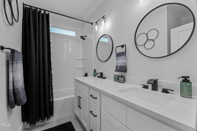 112 Rawhide Dr, Louisburg, NC 27549 - bathroom with shower / bath combo with shower curtain, a sink, tile patterned floors, and double vanity
