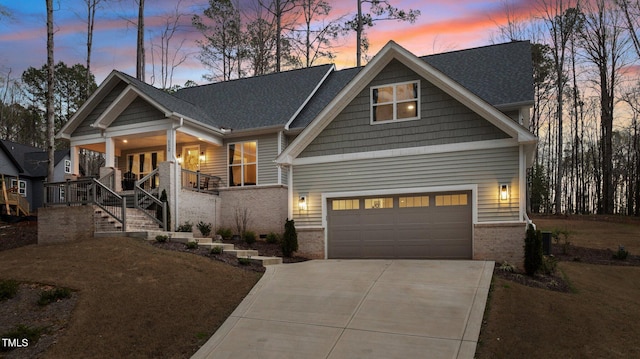 112 Rawhide Dr, Louisburg, NC 27549 - craftsman-style house with stairs, driveway, a garage, a shingled roof, and a porch