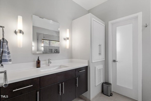 full bath with tile patterned floors, visible vents, and vanity