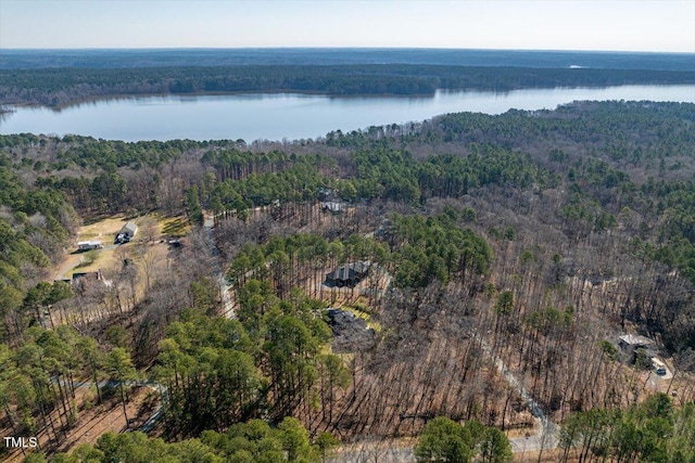 birds eye view of property featuring a view of trees and a water view