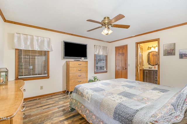 bedroom with visible vents, ornamental molding, wood finished floors, baseboards, and ceiling fan